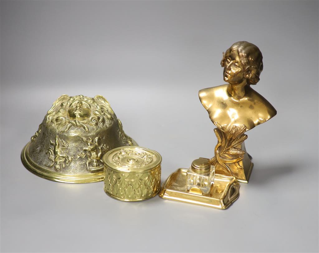 An Art Nouveau bust of a lady, 22cm high an inkwell and box and bronze dome ornament